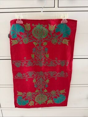 Marimekko Red Tea Towel with Teal and Green Floral Motif Granaattiomena Pattern